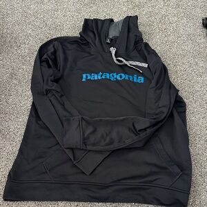 Patagonia Black Pullover with Blue Text